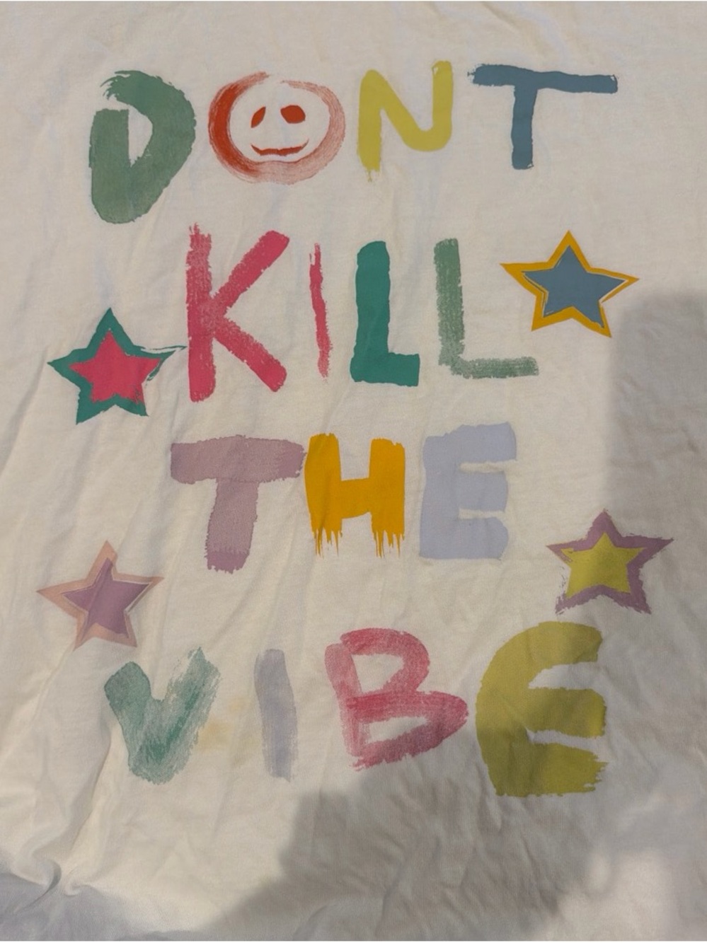 White Short-Sleeve Tee with Multicolor 'Don't Kill the Vibe' Graphic